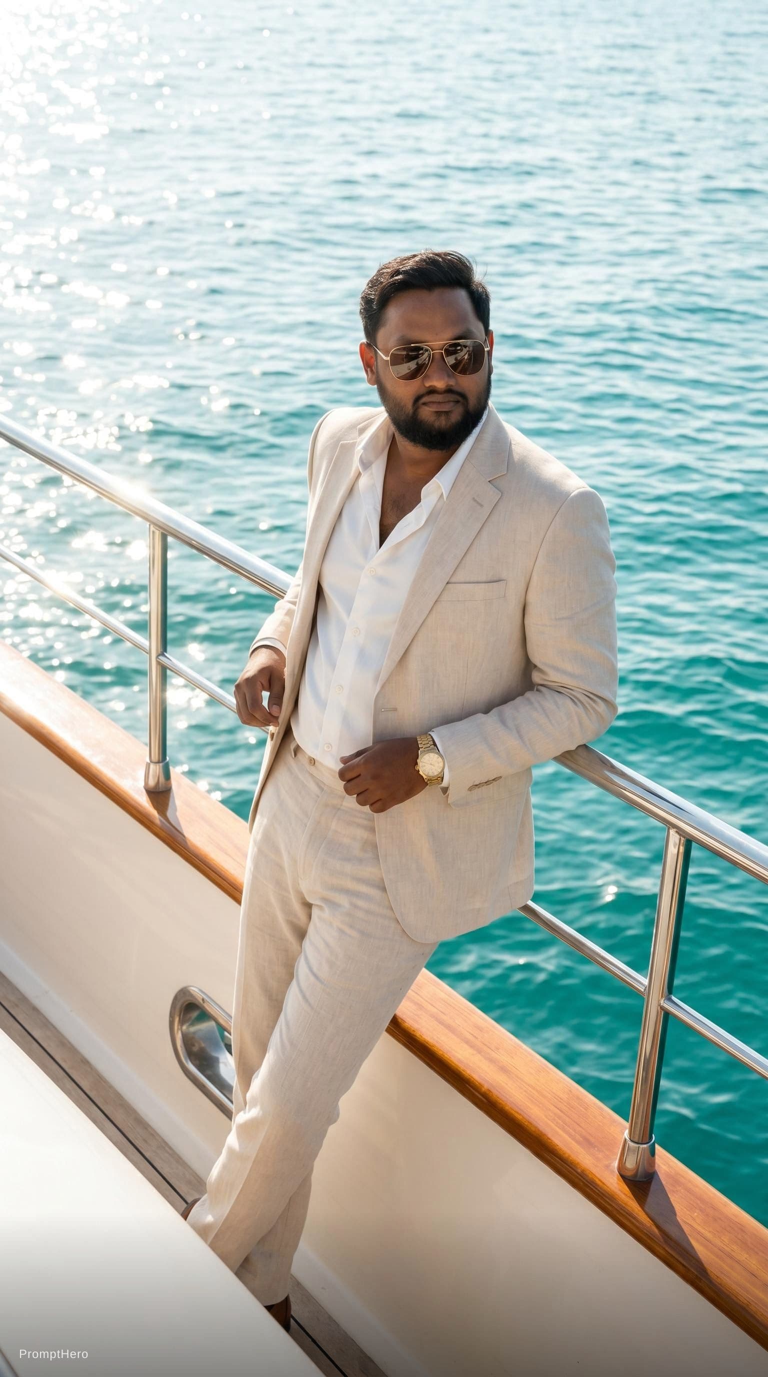 AI generated: Create a high-end fashion image of a male model wearing a tailored summer suit with an open shirt. P...