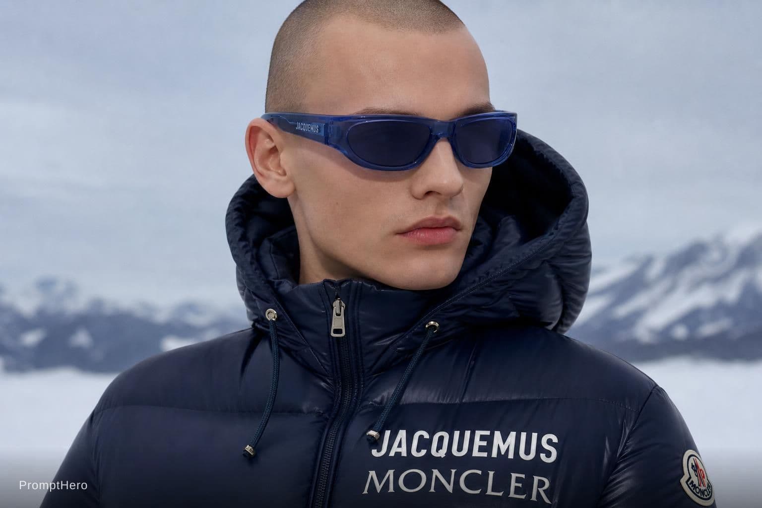 AI generated: Fashion shoot, Jacquemus and Moncler collaboration: dark blue translucent futuristic sunglasses, hyp...