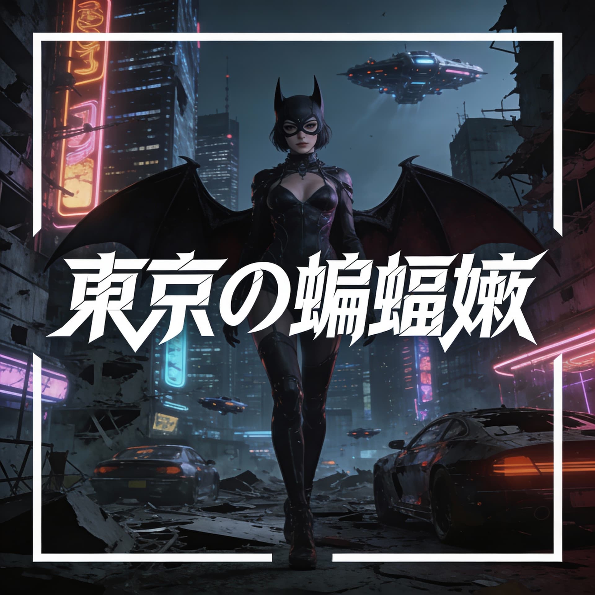 AI generated: Large white border all round.Overlay Japanese type.A poster with of batmilf in tokyo, cyberpunk art ...