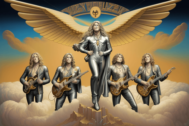 AI generated: mdjrny-v4 style, oil painting of silver Led zeppelin with gold filagree floating above the clouds, a...