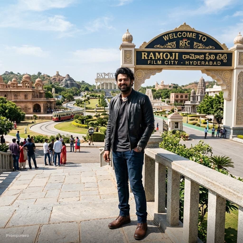 AI generated: Create an image using prompt hero with my favorite hero prabhas at ramoji film City of Hyderabad 