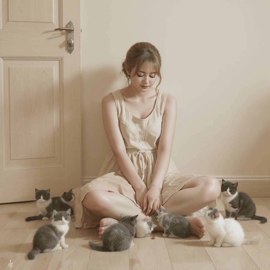 AI generated: A calm woman sitting on a light wooden floor, surrounded by gray and white kittens in various positi...