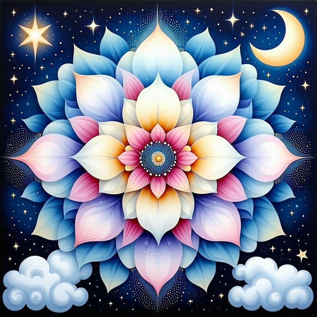 AI generated: Create a mandala featuring a blooming flower in the center, surrounded by intricate patterns of star...