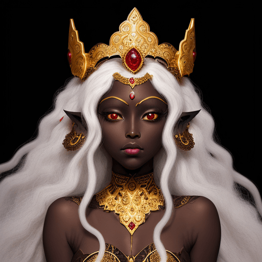 AI generated: A dark-skinned princess wearing an intricate golden headdress with long white curly hair. Her skin i...