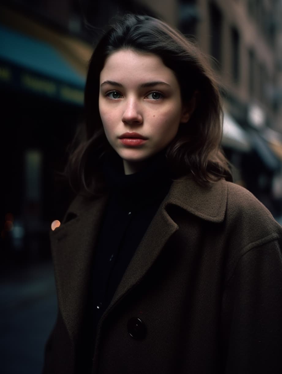 AI generated: extremely beautiful 18 years old model in the streets of New York, wearing black long coat, analogue...
