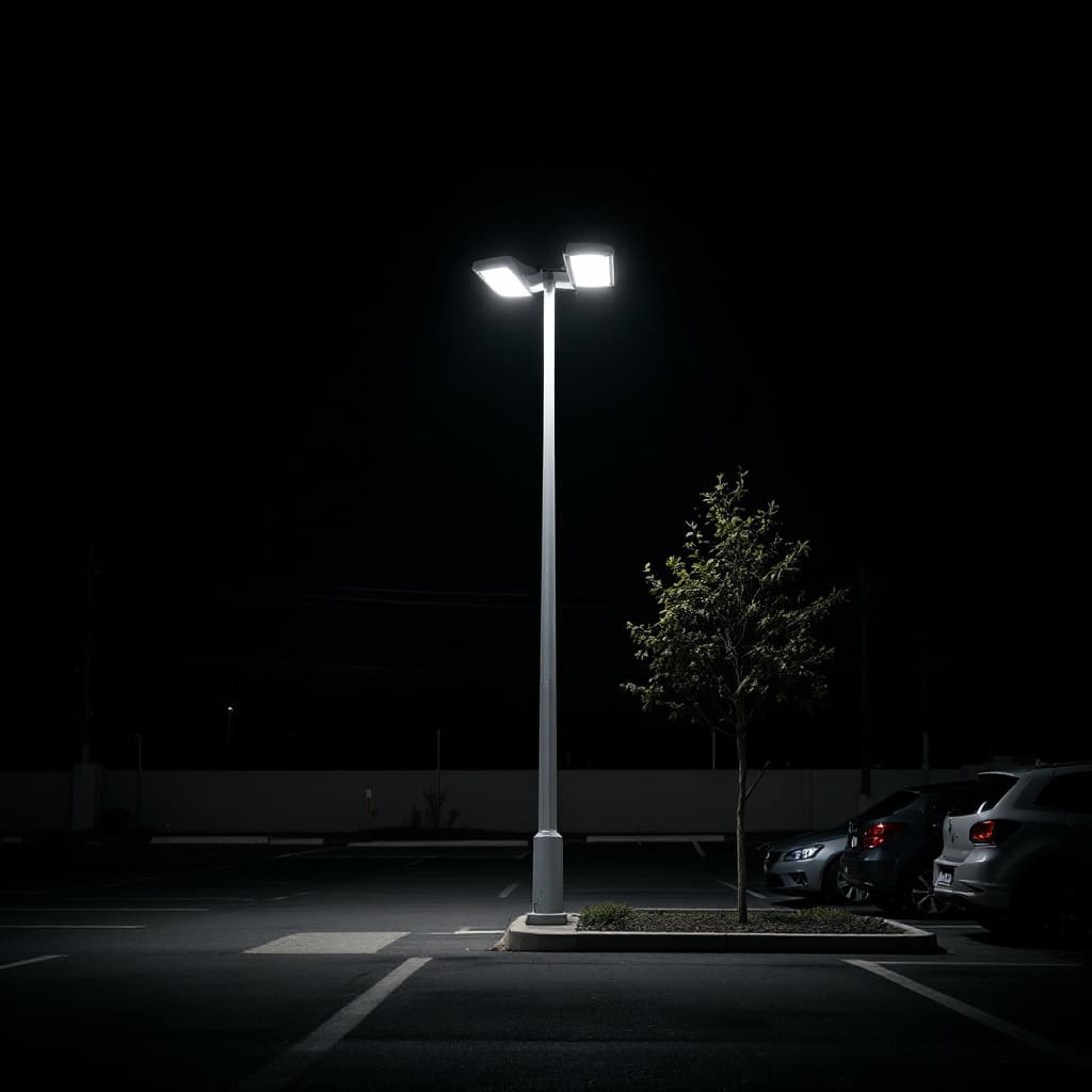 AI generated: image of a light pole in parking lot at night with parked cars with high brightness

