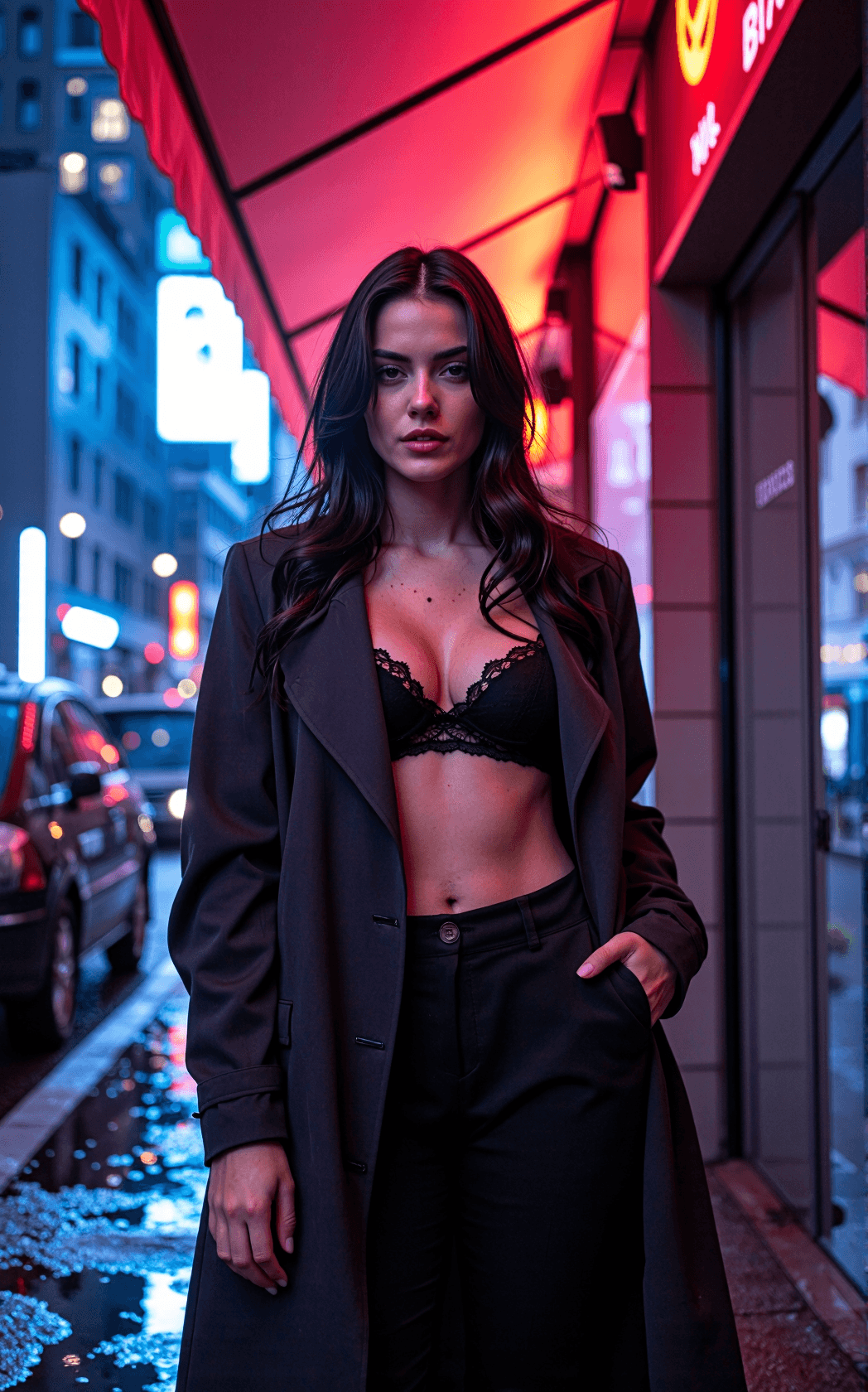 AI generated: A striking adult woman stands beneath a neon-lit awning on a rain-soaked city street, her long dark ...