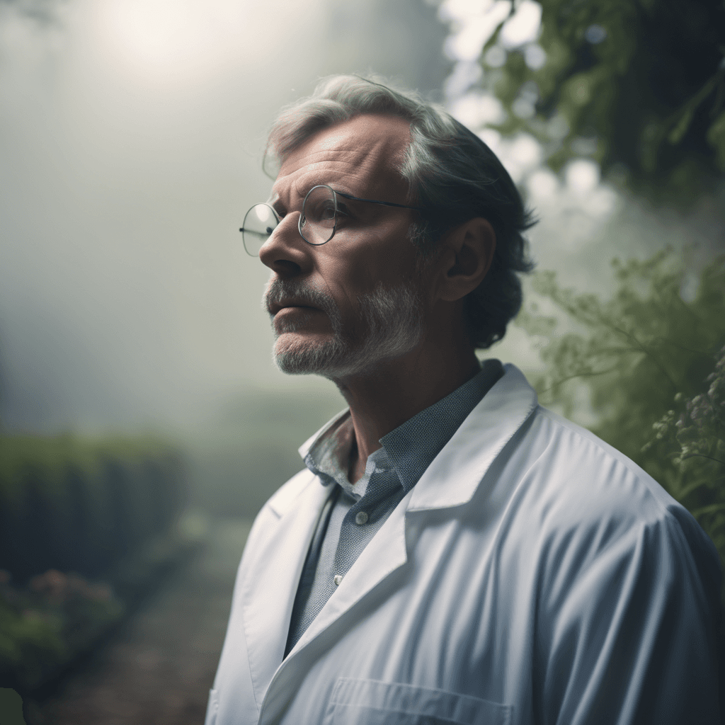AI generated: An intense 4K close-up of a European scientist in a summer garden, with a contemplative expression, ...