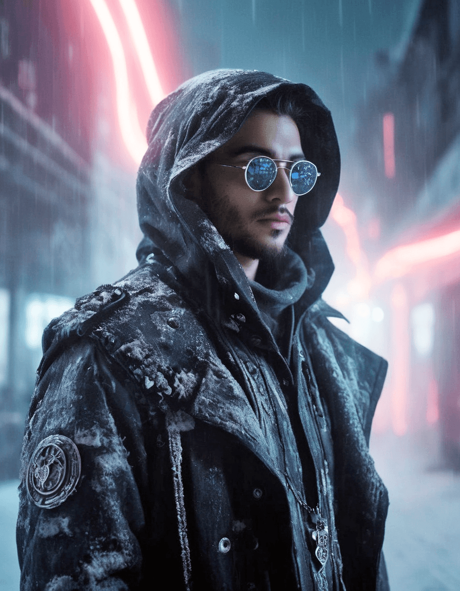 AI generated: best quality, 4k, highres, masterpiece, ultra-detailed, realistic, a man in a neon city in icy and s...