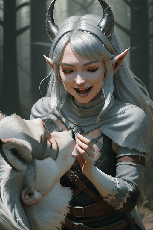 AI generated: ( a cute silver-haired girl with real devil horns patting the wolf), In a stunning fantasy world,bre...