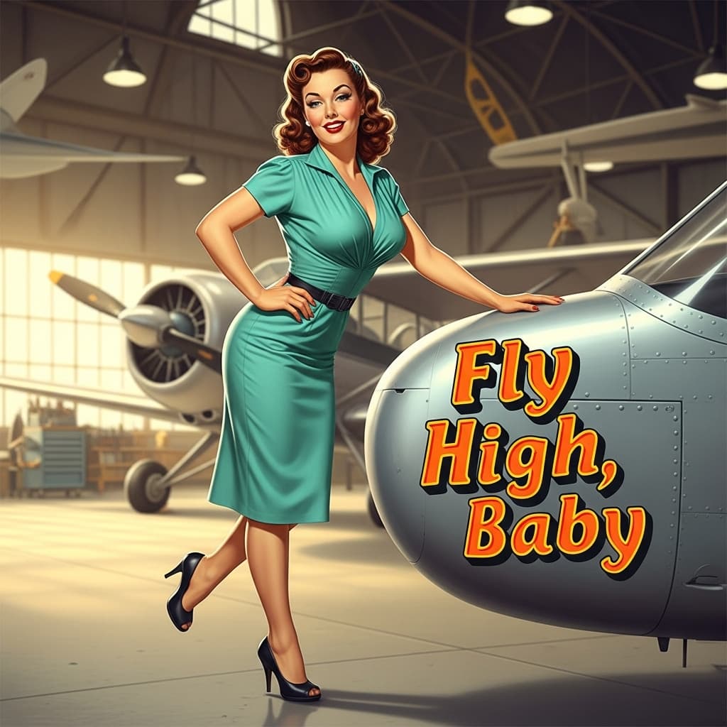 AI generated: Pin-up style: Classic 40s nose art featuring a pin-up model posing with the phrase “Fly High, Baby.”