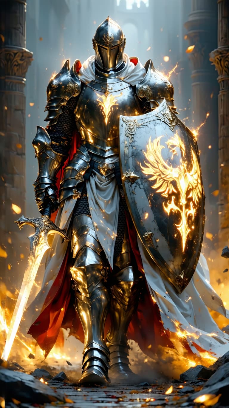 AI generated: An ultra-realistic, zoomed out, front facing, full-body portrait of a noble Paladin in gleaming silv...