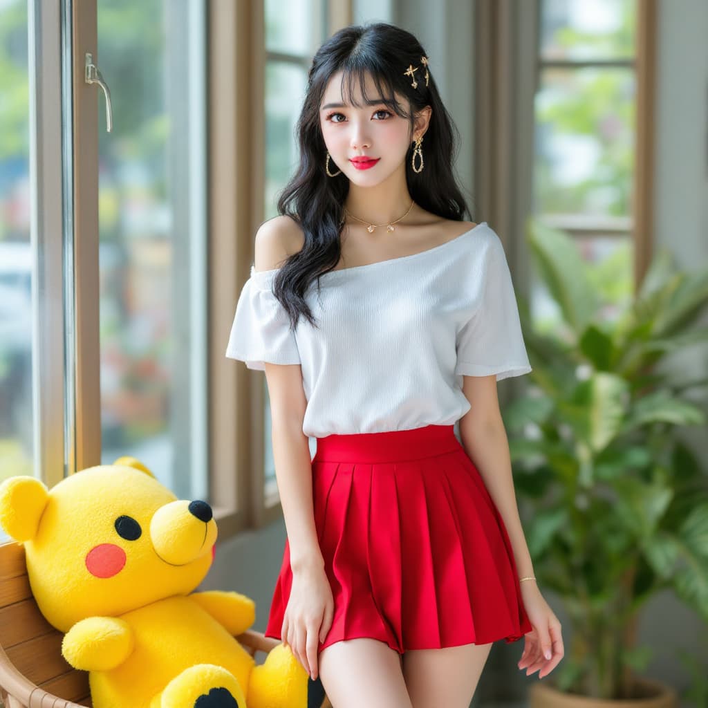 AI generated: a woman Koren girl, full body, Koren ulzzang face, standing near the window, the looking at viewer, ...