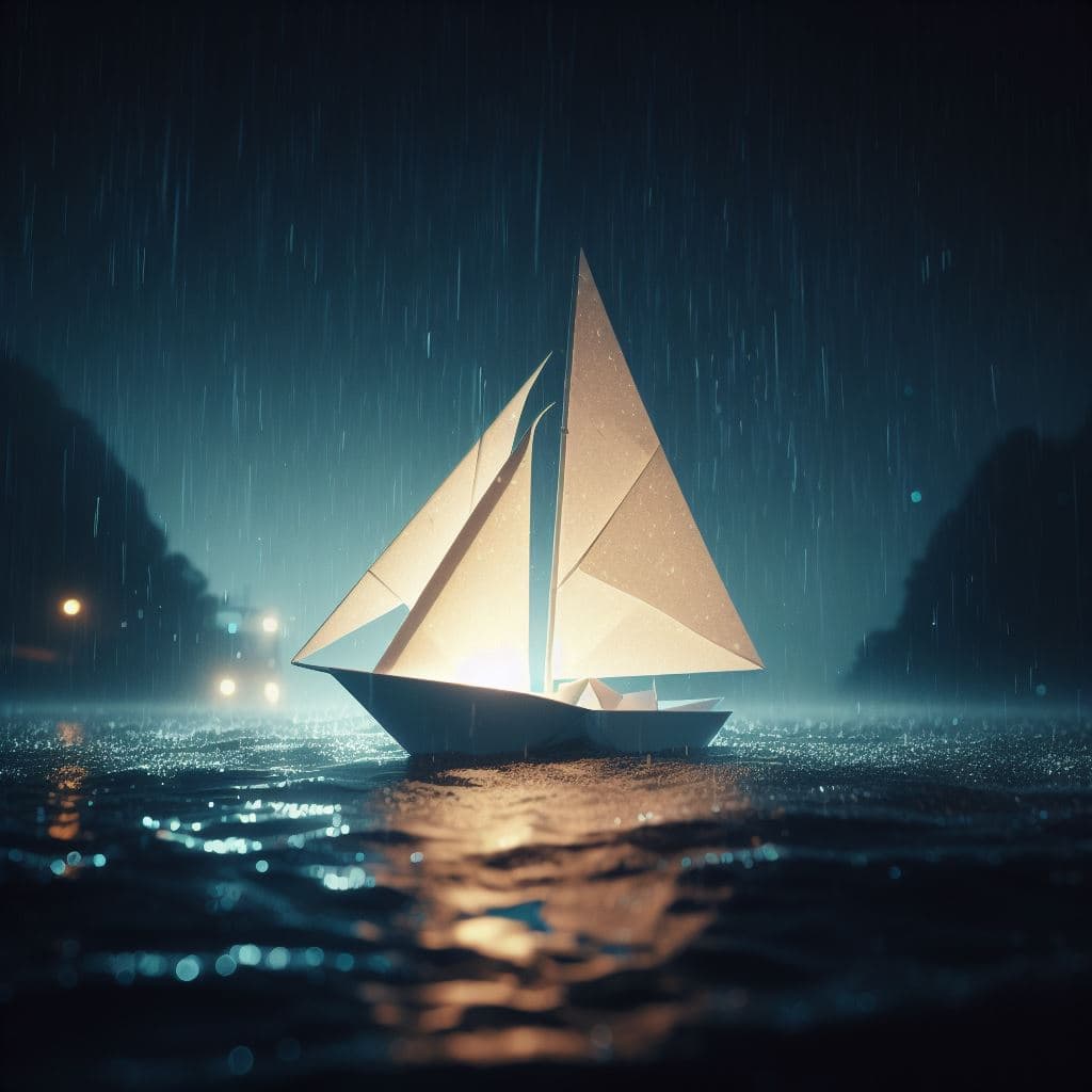 AI generated: A paper boat floating on a river at rainy night, volumetric lighting, 4k.