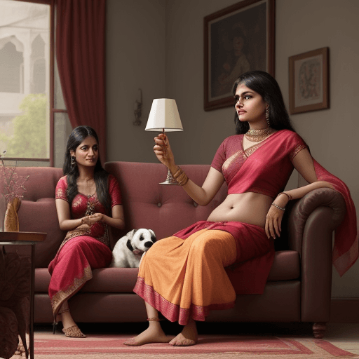 AI generated: Indian Women sitting on sofa with a wine glas and dog standing
