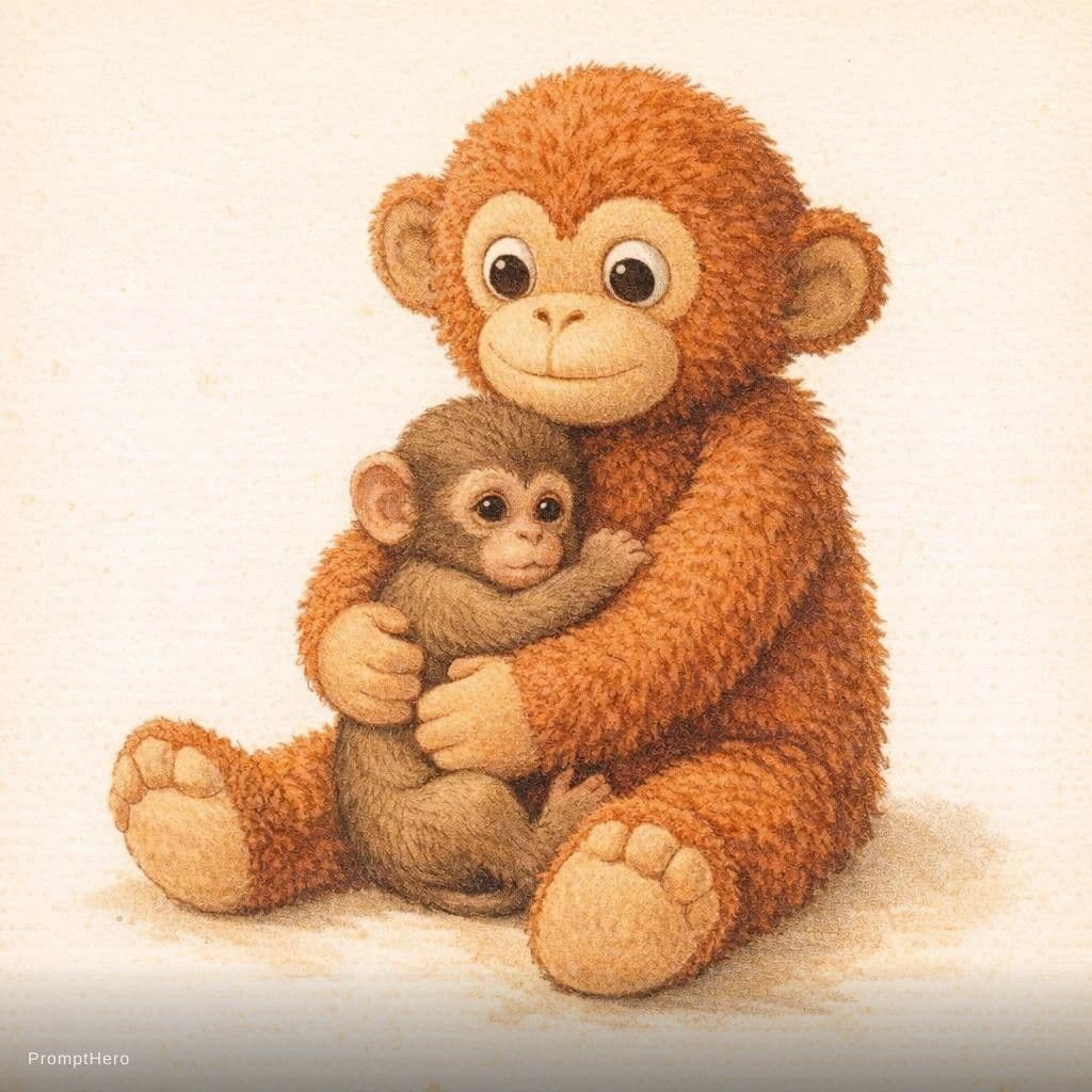 AI generated: vintage children's illustration, tiny baby monkey holding onto a large plush monkey toy while sittin...