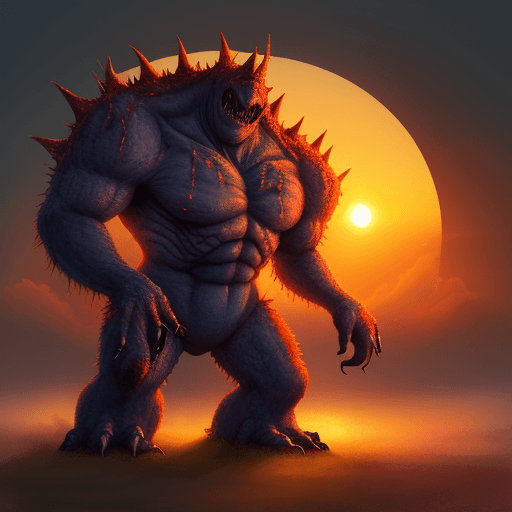 AI generated: A monster but it is small,background is sunrise
