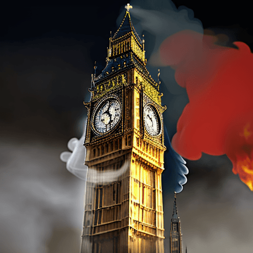 AI generated: big ben burning, flames coming out of the tower, smoke, photorealistic