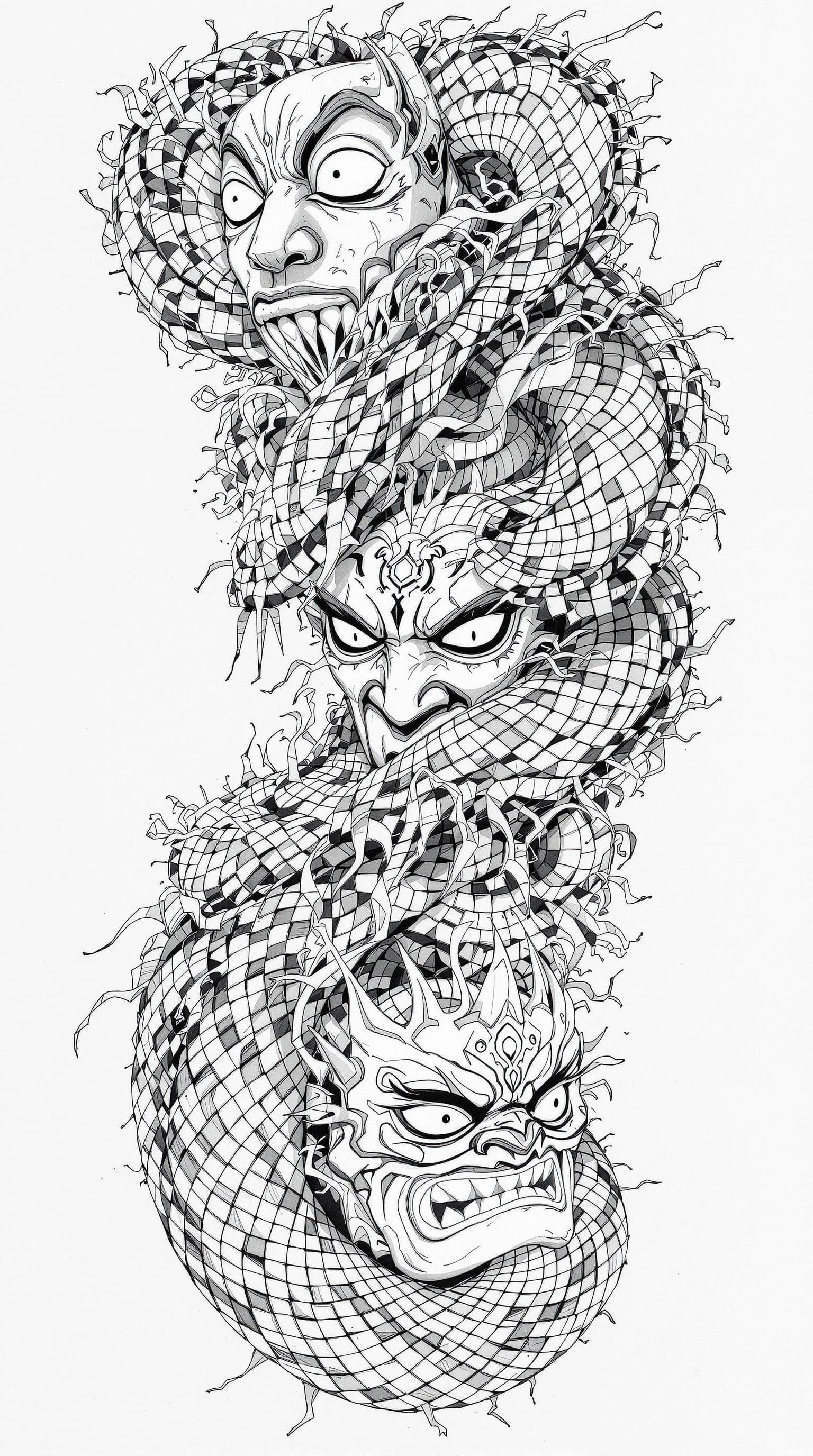 AI generated: A snake, black and white pencil drawings,Countless Japanese masks wrap around the subject