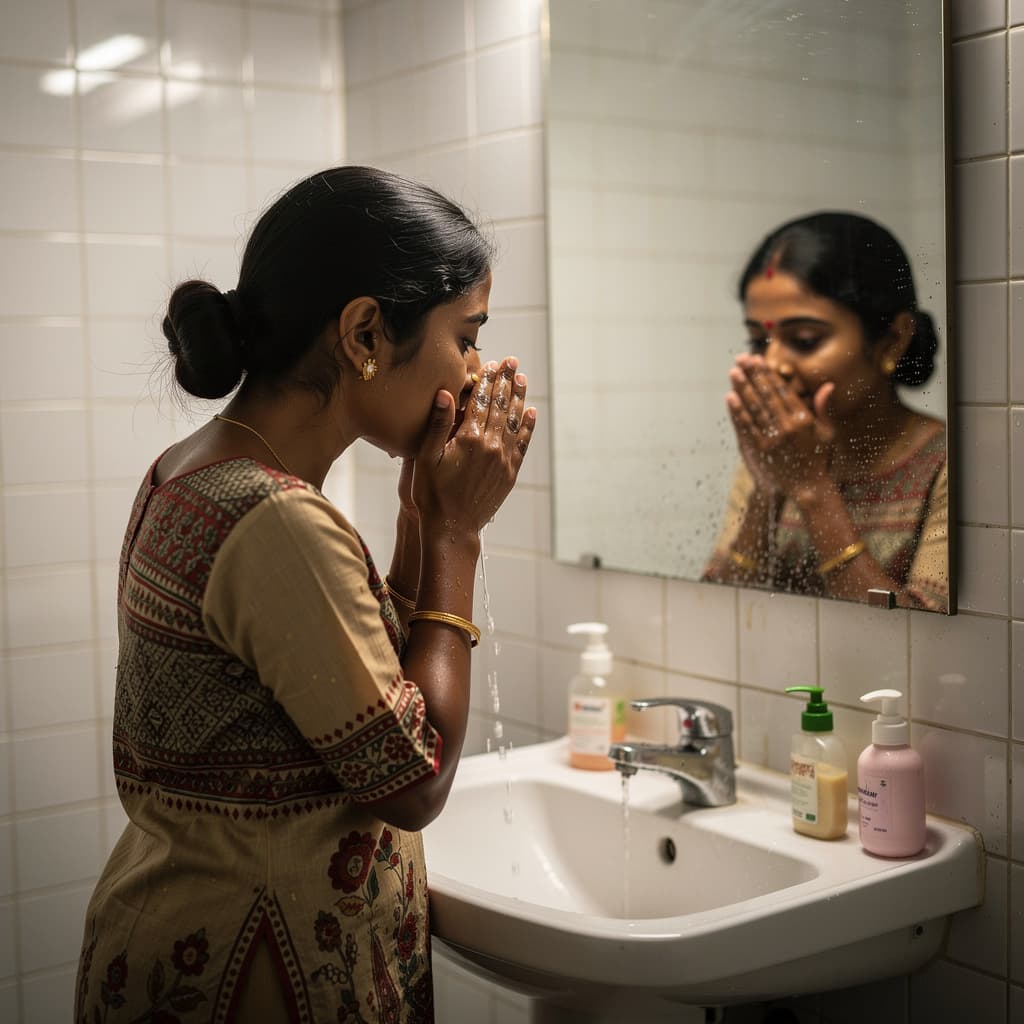 AI generated: a tamil lady bathing in a bathroom
