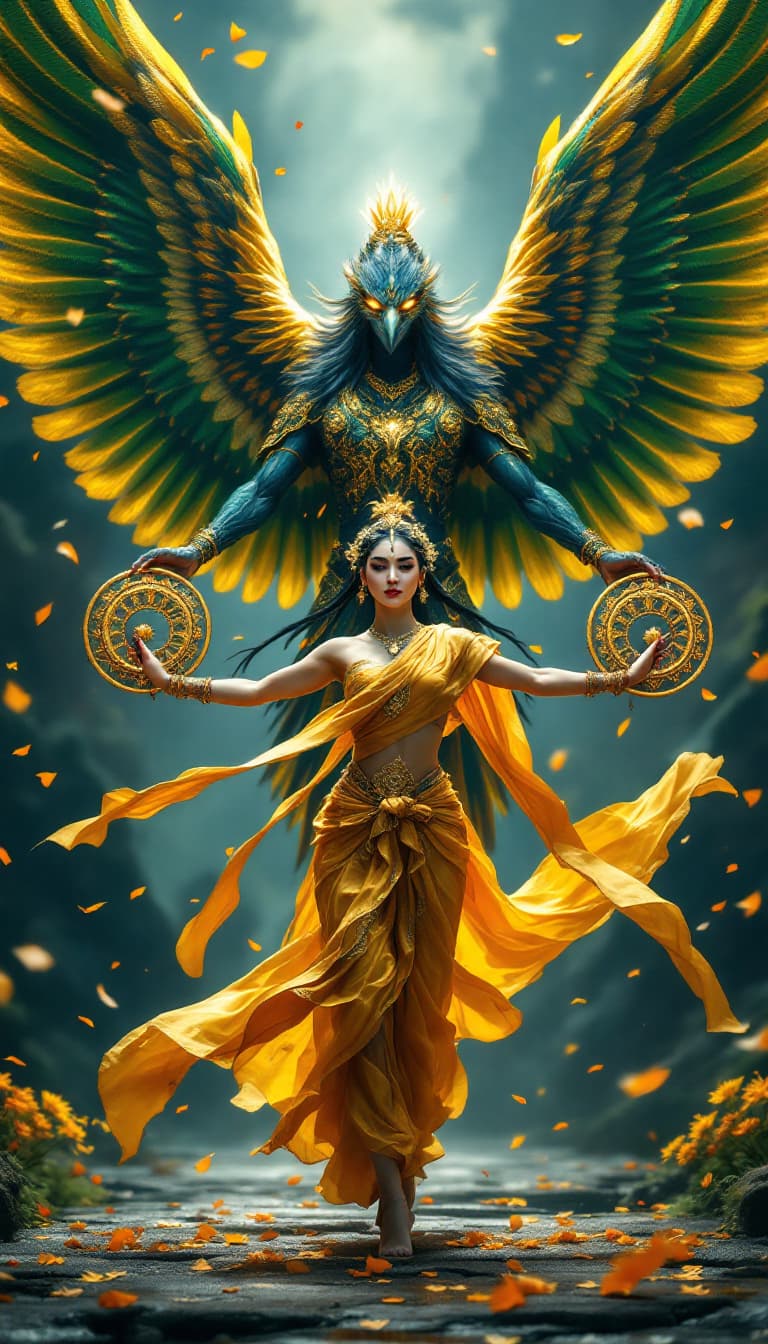 AI generated: An ultra-realistic, wide angle, front facing, full-body portrait of a mesmerizing Dancer in golden t...