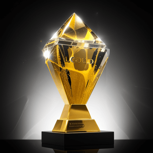 AI generated: Commercial photography, liquid gold splash, Crystal Cut Trophy in shape of small hotel building, whi...