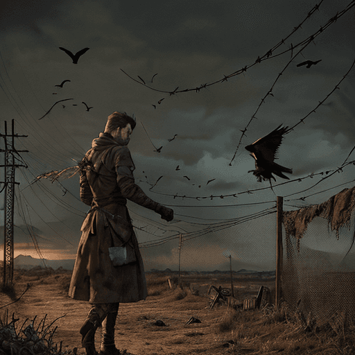 AI generated: crows flying in background and on barbed wire in front of large ochre colored rustic antique gris-gr...