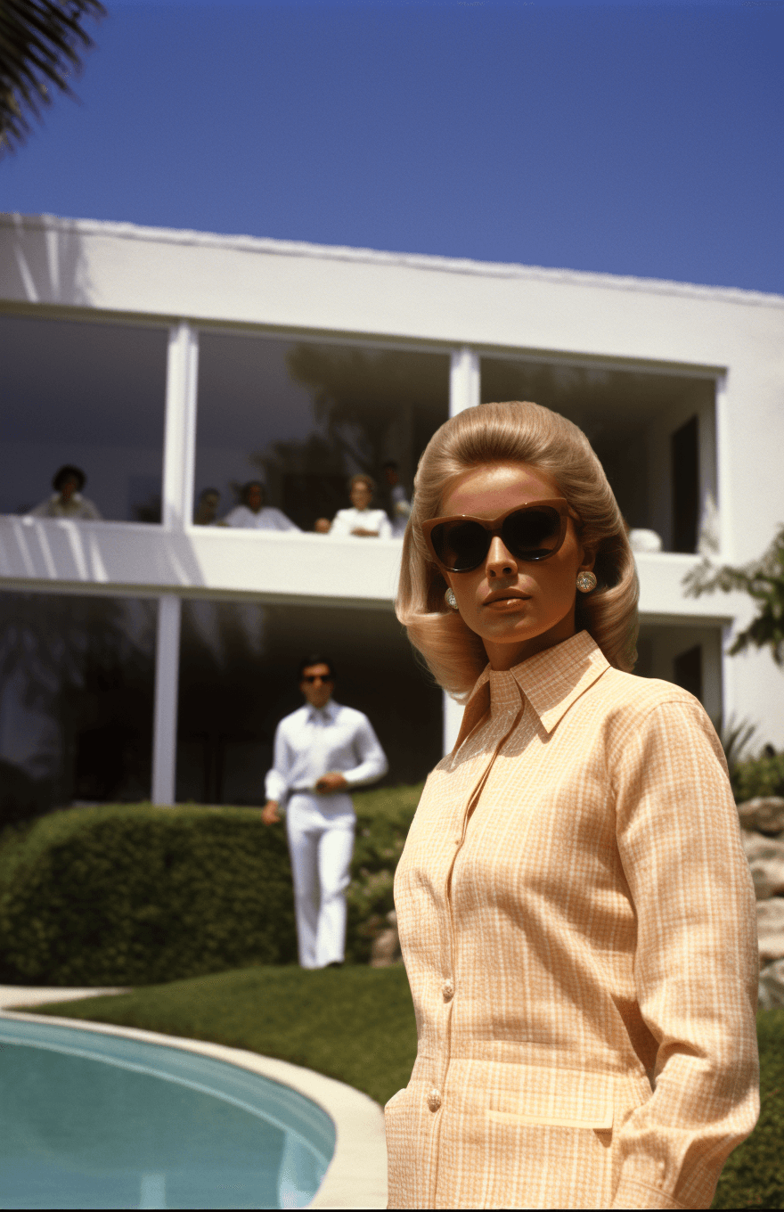 AI generated: a photograph of an attractive blonde woman wearing white lace pants and shirt, holding sunglasses wh...