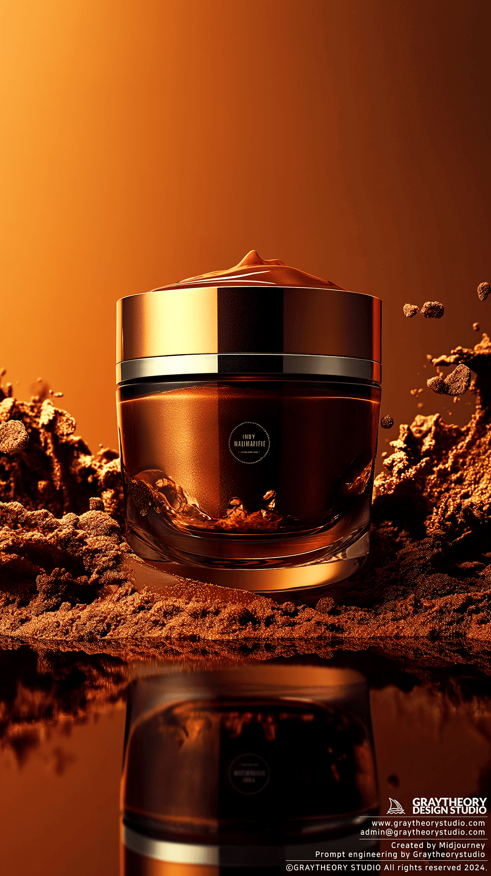 AI generated: exclusive facial cream jar with a sleek, silver cap, placed against a dark-to-light brown gradient b...