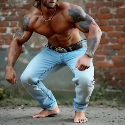 AI generated video: Camera panning out, Standing up and walking towards me, double bicep Flex, taking off pants zebra, p...
