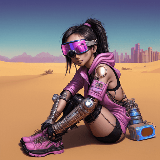 AI generated: female character wearing goggles while sitting in the desert, asian woman, in the style of cyberpunk...