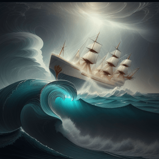 AI generated: an oceanliner battling through waves during a storm, in the style of agostino arrivabene, calm and s...