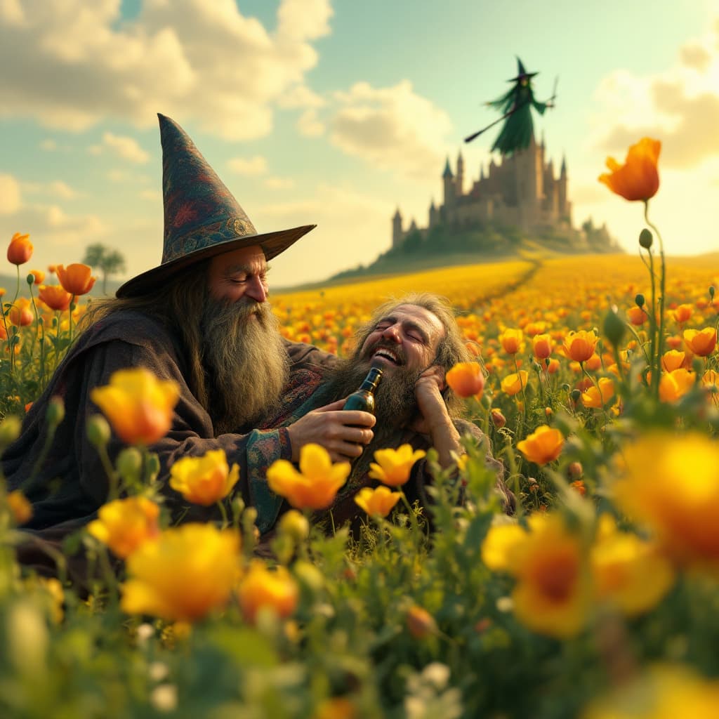 AI generated: a totally wasted  hippie with a dopey grin partly closed eyes is  in a field of poppies laying prone...