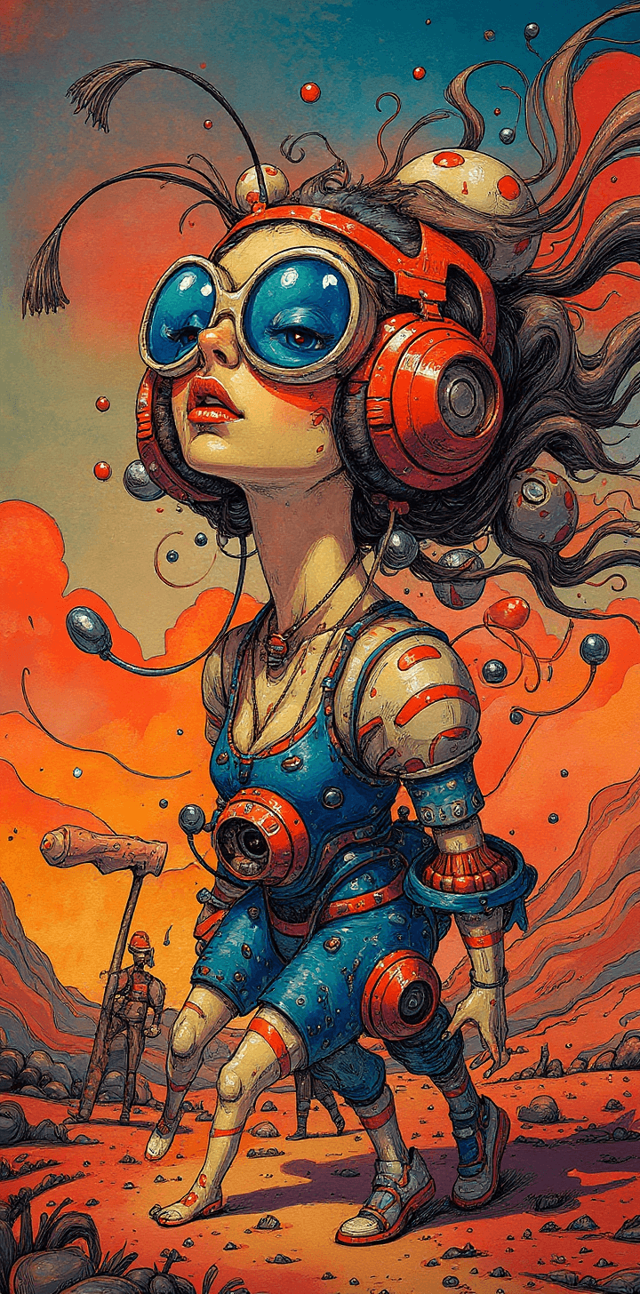 AI generated: People walking, wind blowing, with a futuristic-looking face, in the style of fantastical contraptio...