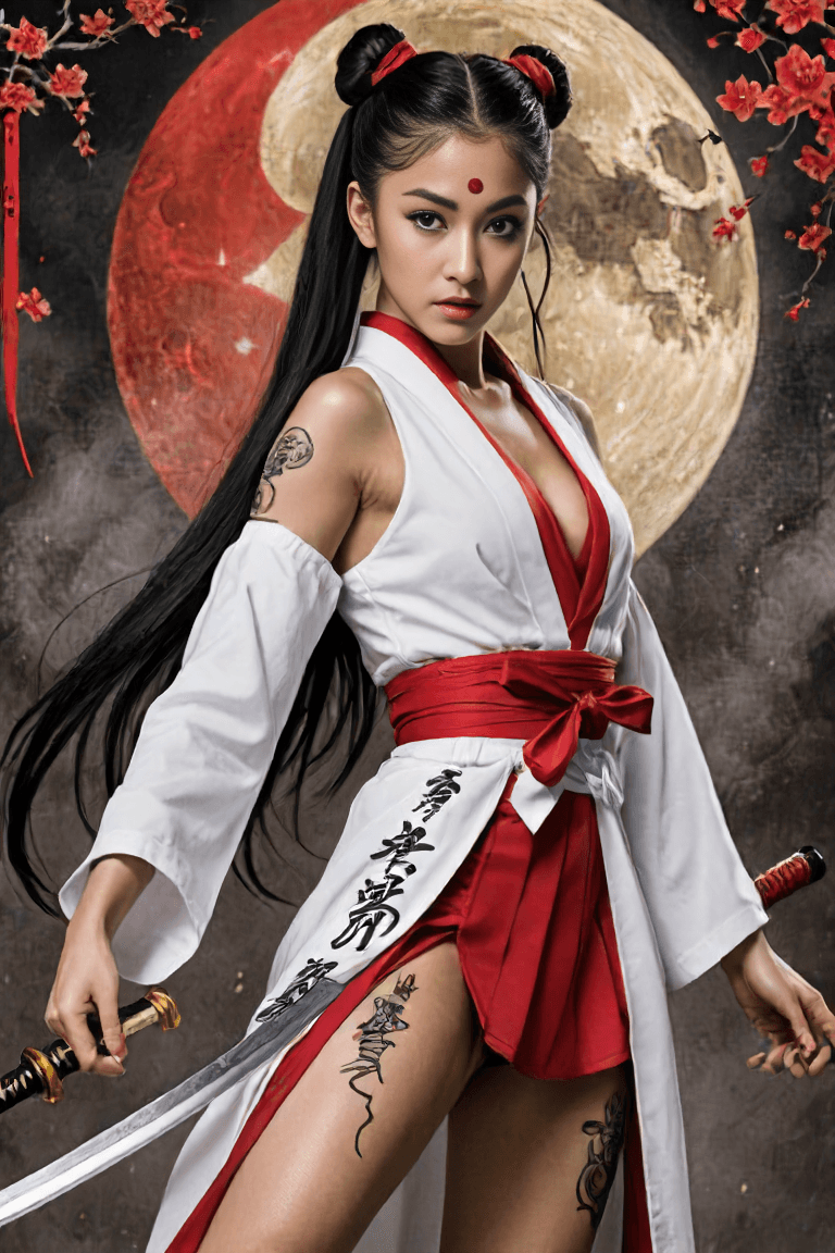 AI generated: `Japanese Retro Movie Poster, art style, ink style, Ariana Grande as Lady Snowblood , dripping in sw...