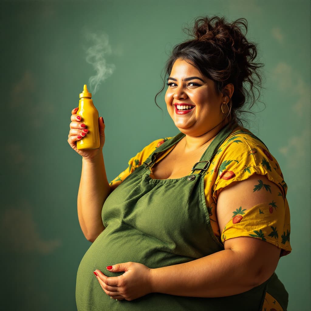 AI generated: Fat Latina woman holding a bottle of yellow mustard 