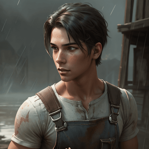 AI generated: closeup portrait, attractive male adventurer, dainty figure, single strap paint covered overalls, ra...