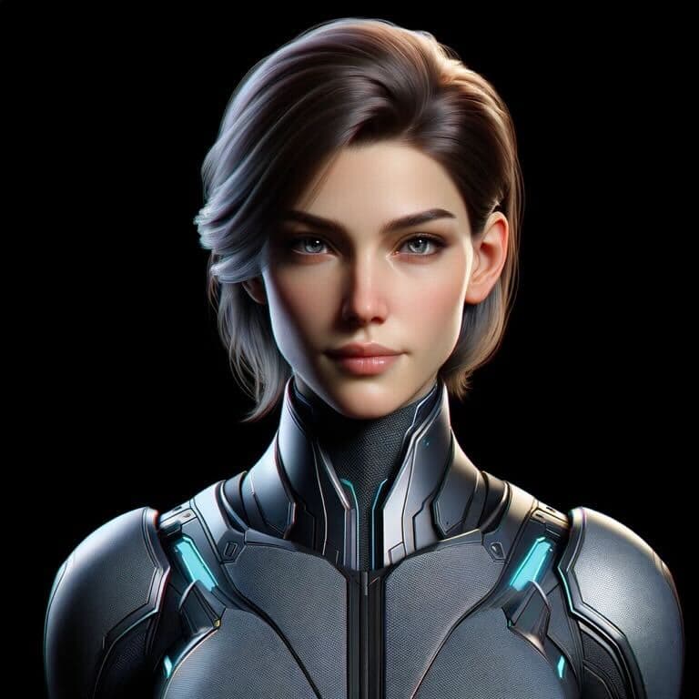AI generated: Craft a headshot of a female character exuding confidence and professionalism. She is adorned in a f...