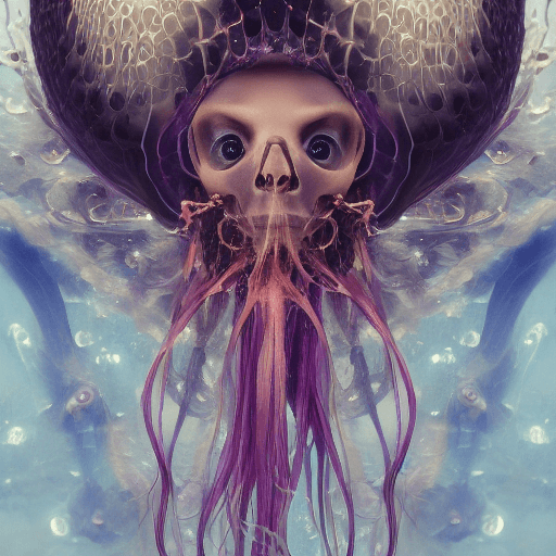 AI generated: Goddess close-up portrait ribcagel. jellyfish phoenix head, nautilus, orchid, skull, betta fish, bio...