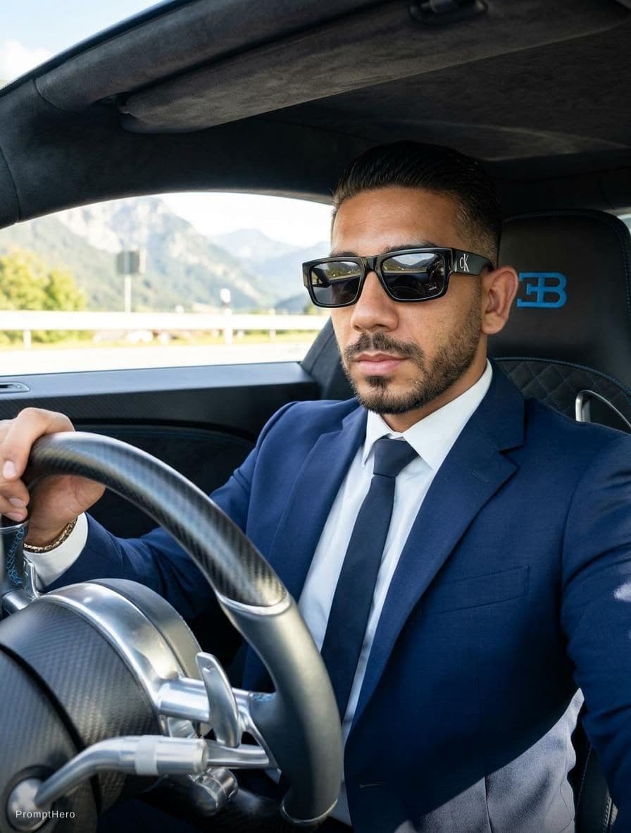 AI generated: in the car bugati with classy dress and sunglass rectangle Calvin Klein 
