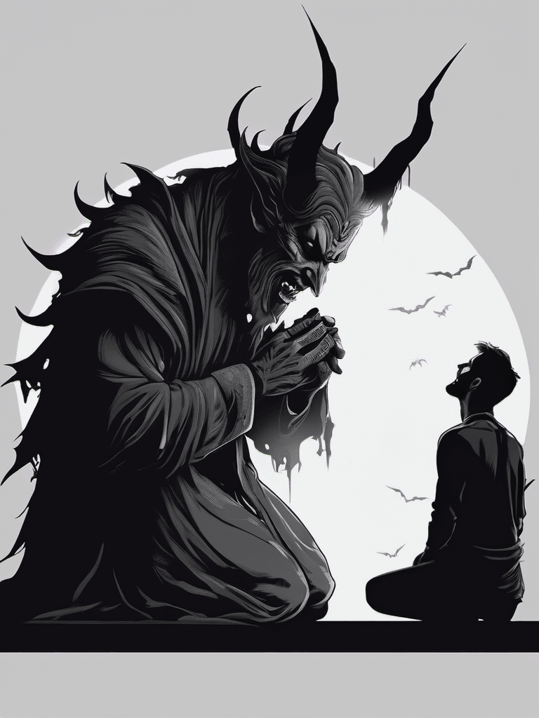 AI generated: scary demon looking at a praying man, dark shot, mysterious uncomfortable atmosphere, art, illustrat...