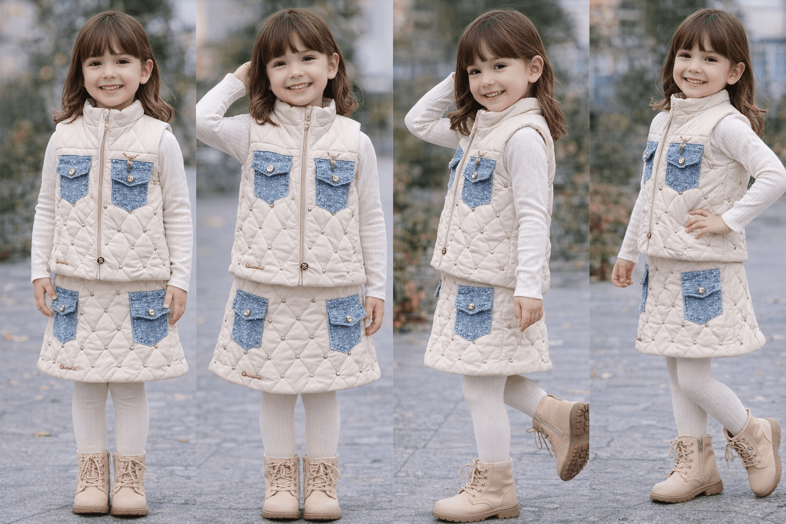 AI generated: Complete image of a girl of 8 years old from head to feet having this clothes with different positio...