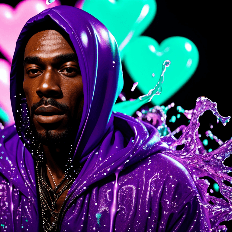 AI generated: in style of trap music video grainy closeup still of glowing bokeh, focus on his face extreme bokeh,...