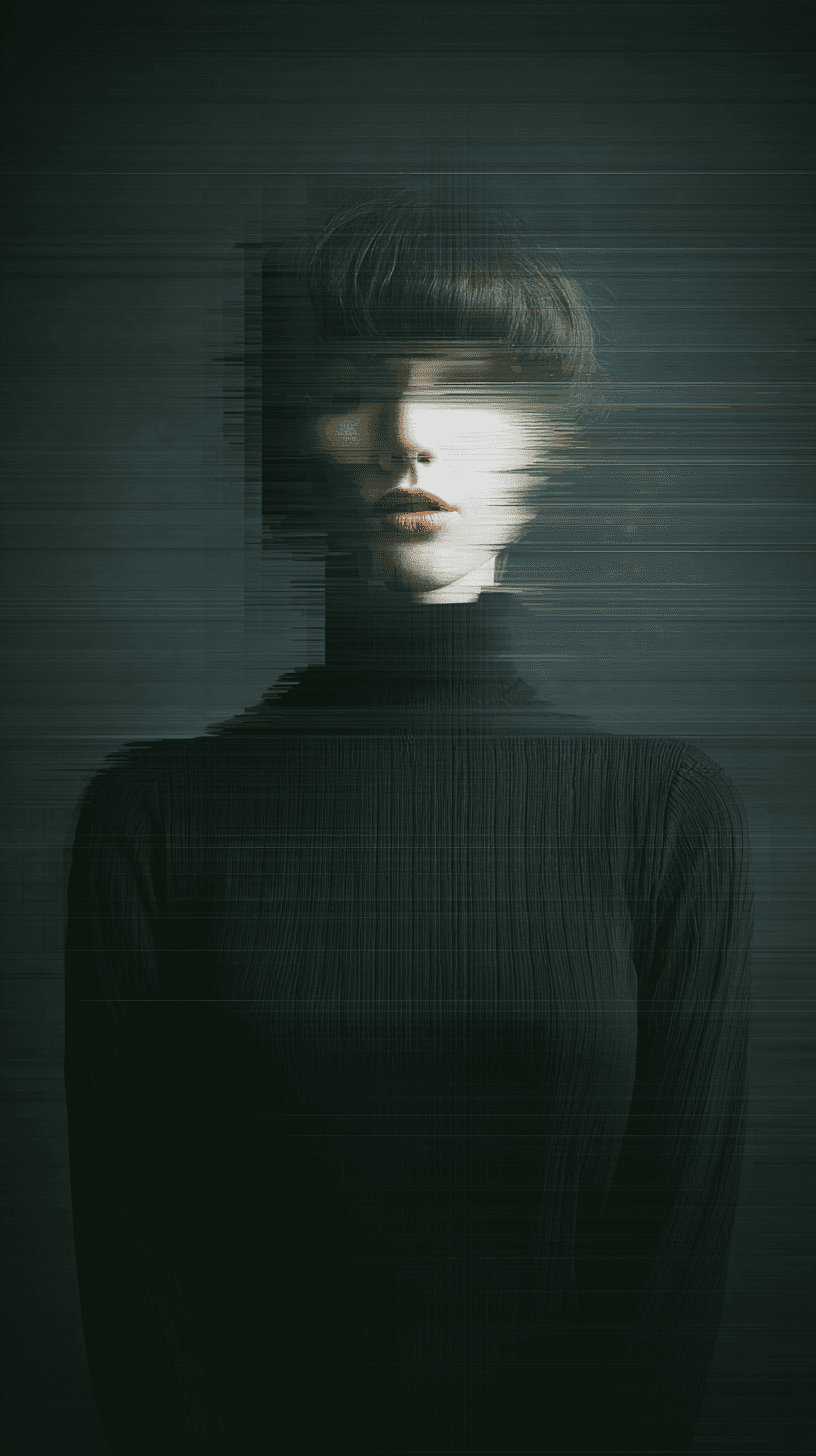 AI generated: photography, portrait of a woman, front central shot, profound gaze, nihilism, avant-garde styled, w...