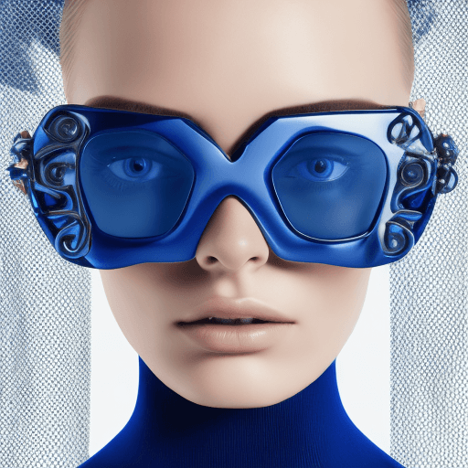 AI generated: Fashion shoot, Jacquemus and Moncler collaboration: dark blue translucent futuristic sunglasses, hyp...
