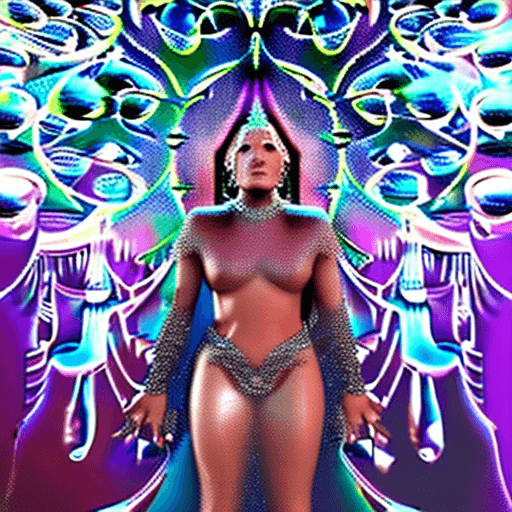 AI generated: a centered render of an mytical festival hippy with tribal tattoos wearing intricate metallic clothi...