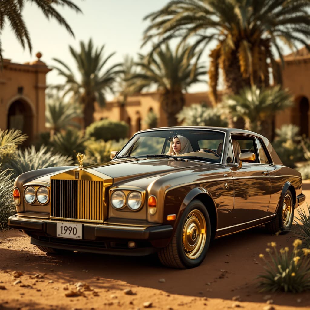 AI generated: A 1990 rolls royce from the future, in the backyard of the kingdom of ancient Mali. Brown in color ,...