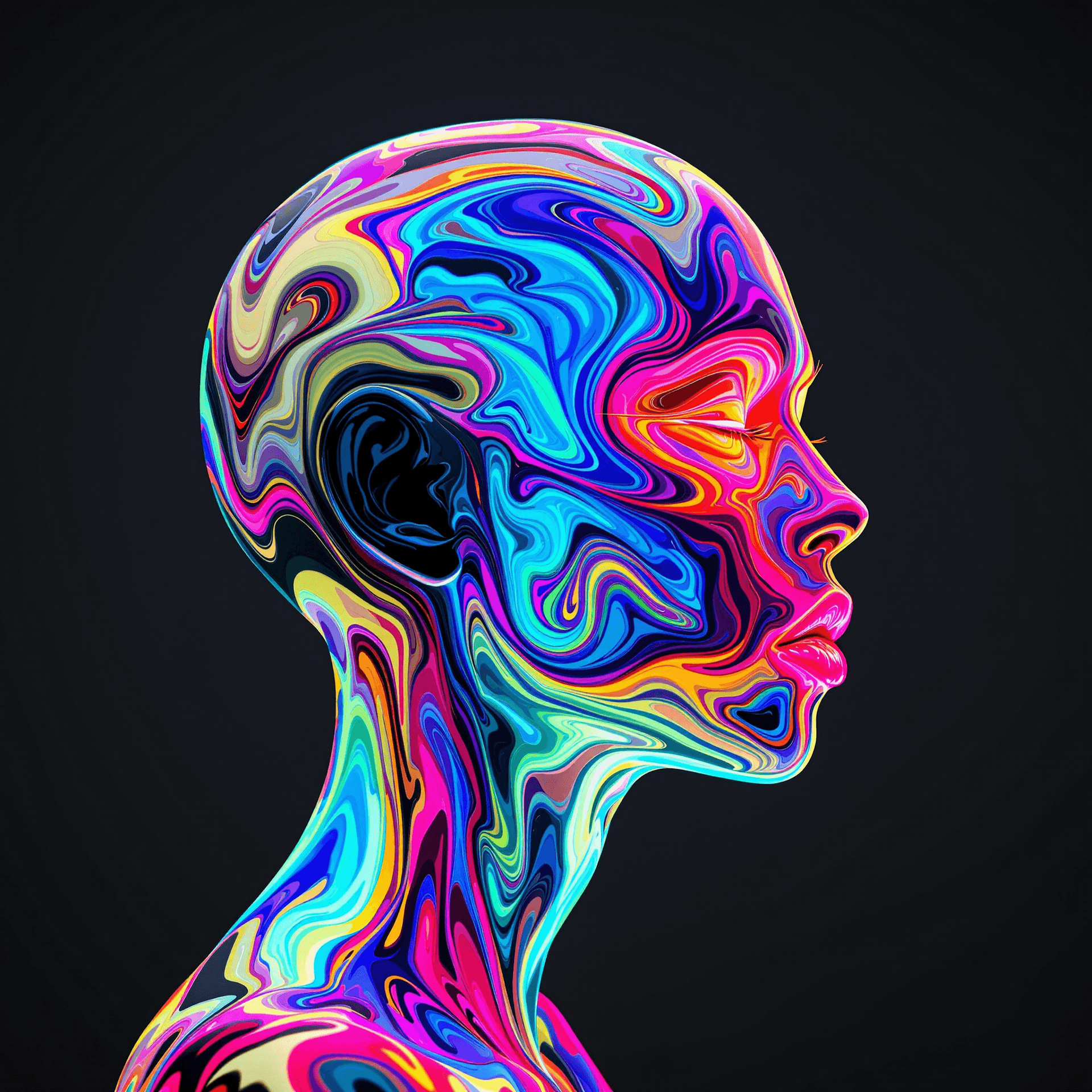 AI generated: a high-contrast, vibrant, flat-side-profile view of a glowing, bald, genderless, earless, hairless, ...