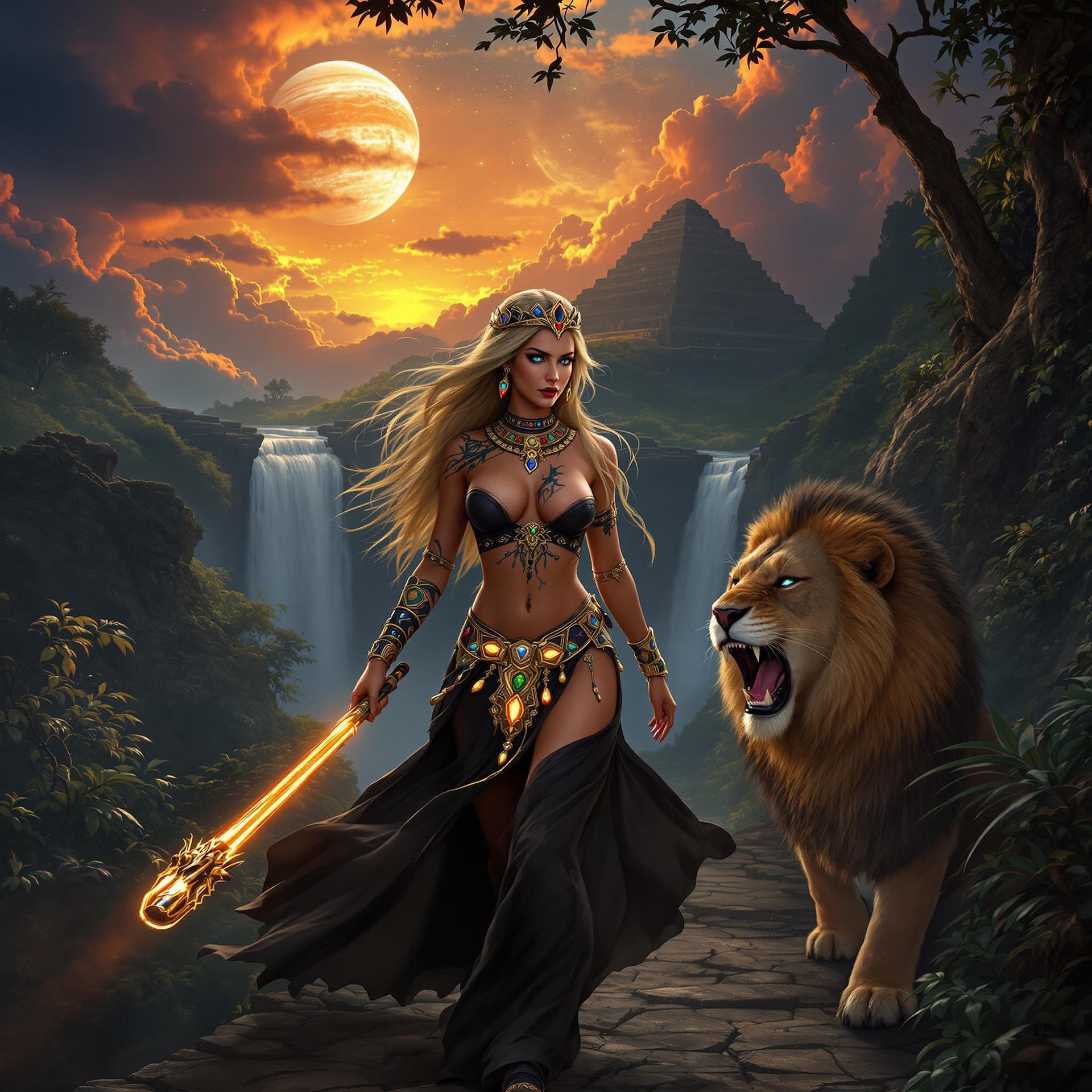 AI generated: Hyper realistic, photo realism, zoomed out full body HD Photo of beautiful, Amazon warrior queen wal...