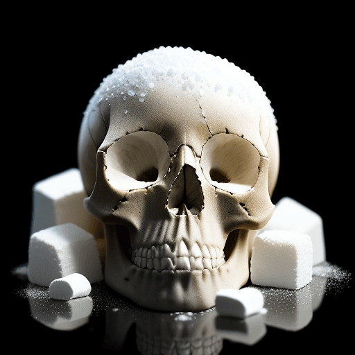 AI generated: realistic photography, granulated white sugar on black background, marshmallow, skull, sugar sprinkl...